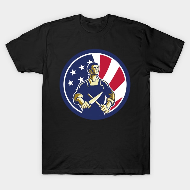 Retro male butcher sharpening a knife in an american flag circle | Gift idea T-Shirt by French Culture Shop